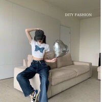 Áo thun croptop hình cánh bướm cổ tròn tay ngắn, Áo thun nữ ôm body kiểu Sexy phong cách Ulzzang UNA07