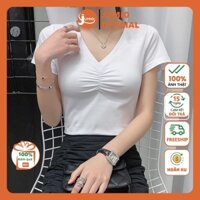 Áo thun croptop nữ trơn kiểu đẹp tay ngắn dáng ôm body sexy cổ tim nhún ngực hàn quốc Freesize JUMIO ATNHUN