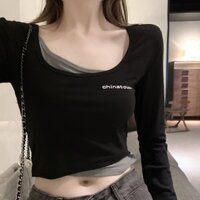 Áo Thun Croptop Tay Dài Dáng Ôm Vải Cotton Thời Trang Mùa Thu ་