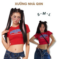 Áo thun Croptop tay ngắn phối màu xanh đỏ ôm dáng Q49