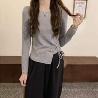 Áo Thun Dài Tay bất đối xứng Áo Thun Nữ Ngắn vừa vặn có khóa rút phong cách Hàn Quốc mới