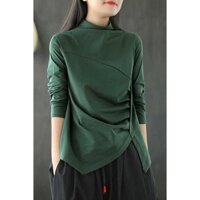 Áo Thun Dài Tay bất đối xứng cho nữ áo dáng ôm Xếp Nếp màu trơn cổ cao nửa mới phong cách Hàn Quốc