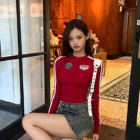 Áo thun dài tay bó sát màu đỏ dành cho nữ, dáng ôm, cổ tròn hở rốn, áo khoe eo, kiểu dáng ngắn
