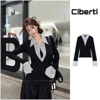 Áo thun dài tay chiết eo phối cổ sơ mi dành cho nữ Ciberti