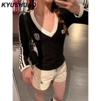 Áo thun dài tay cổ chữ V ba thanh phong cách Mỹ cổ điển dành cho nữ