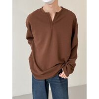 Áo thun dài tay cổ chữ V màu trơn phong cách nam Hồng Kông