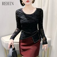 Áo thun dài tay cổ tròn in hình nhung cổ tròn REHIN dành cho nữ có chi tiết đính đá - Áo thun nữ thời trang Slim-Fit