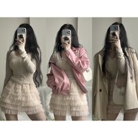 Áo thun dài tay cổ V mỏng - Váy cupcake lưới có quần trong