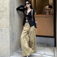 Áo thun dài tay cổ V phối khuy to xinh màu đen chiết eo dịu dàng vạt chéo tôn dáng girl thu đông