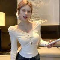 Áo thun dài tay cổ V phói viền ren chéo ôm body dáng vừa ôm body tôn dáng ulzzang thu đông nữ Hàn Quốc