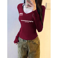 Áo thun dài tay cổ V sexy cho nữ mùa thu màu đỏ rượu vang