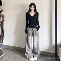 Áo thun dài tay cổ V thời trang cho phụ nữ, áo ngắn ôm sát cho mùa thu và đông