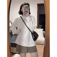 Áo thun dài tay cotton trắng đầu xuân cho phụ nữ, áo khoác lông cừu mùa thu đông mới, áo cơ bản rộng rãi