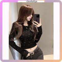 Áo thun dài tay croptop đính đá lấp lánh, áo thun nữ cổ tròn croptop ôm body chất liệu co dãn tốt hàng order