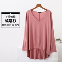 Áo thun dài tay dáng rộng kiểu Hàn Quốc mùa thu 2022, áo cánh dơi, kích thước lớn, cổ chữ V, áo cơ bản cho phụ nữ
