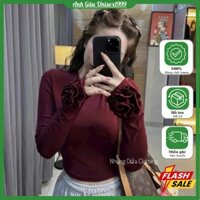 Áo Thun Dài Tay Đính 2 Bông Hoa Hồng Đỏ Đô , Mềm Mịn, Ấm Áp, Tôn Dáng