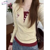 Áo thun dài tay hai mảnh giả màu vàng Áo sơ mi đáy nơ thêu hàng đầu