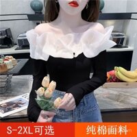 Áo Thun Dài Tay Hở Vai Cổ Ngang chic phong cách Hàn Quốc Áo nữ 2025 thu đông tôn dáng gầy lưới viền bèo màu đen sành điệu YZKG