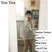 Áo thun dài tay màu trắng dễ thương in hình Hello Kitty - Áo thun cỡ thoải mái dành cho nữ