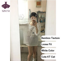 Áo thun dài tay màu trắng dễ thương in hình Hello Kitty - Áo thun cỡ thoải mái dành cho nữ