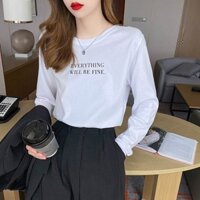 Áo thun dài tay màu trắng nữ 2022 mới đáy áo sơ mi cotton màu đen dáng rộng phong cách Hàn Quốc cho mùa xuân và autu