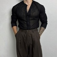 Áo Thun Dài Tay mùa xuân màu đen Áo cardigan nam dệt kim khoét lỗ thiết kế phong cách lười biếng phiên bản Hàn Quốc