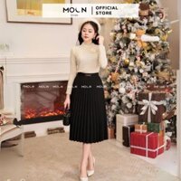 Áo thun dài tay nữ 𝐌𝐎𝐎𝐍 mix chân váy thiết kế, áo thun vân hoa MA230 chân váy xếp ly dài basic chất nhung chéo MCV391