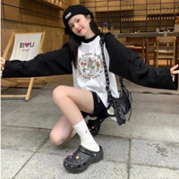 Áo thun dài tay phối màu Đen Trắng in hình, Áo Thun tay dài chất Cotton Xược