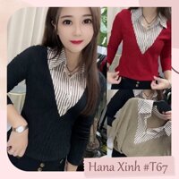 Áo Thun Dài Tay Phối Sơ Mi Sọc Chất Liệu Cao Cấp - T67