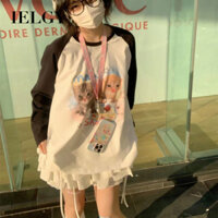 Áo thun dài tay raglan tay dáng rộng màu tương phản IELGY dành cho nữ