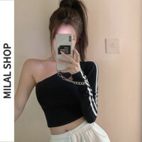 Áo thun dài tay sọc mỏng mới lệch vai dành cho nữ