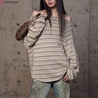 Áo thun dài tay sọc NBANLIKE, Áo trễ vai không đều kiểu cổ điển, Thời trang dáng rộng sang trọng thời trang Áo thun chui đầu dạo phố