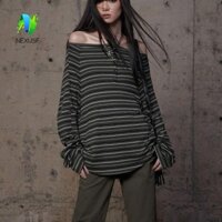 Áo thun dài tay sọc NEXUSF, Áo trễ vai không đều kiểu cổ điển, Áo chui đầu có nút dáng rộng sang trọng đơn giản mùa thu