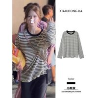 Áo thun dài tay sọc ngang vai màu đen và trắng áo thun cổ tròn dáng rộng giản dị thời trang mới phong cách Hàn Quốc mùa thu cho nữ