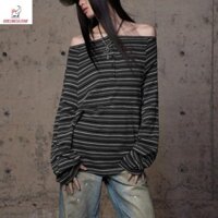 Áo thun dài tay sọc KOKINGTAIPAN, Áo trễ vai không đều kiểu cổ điển, Áo thun chui đầu dáng rộng sang trọng sang trọng thời trang dạo phố