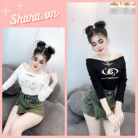 Áo thun dài tay trễ vai khoét ngực body dáng ngắn Shara SR1213 KT Áo thun nữ bệt vai họa tiết logo chữ ngực hottrend