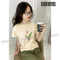 Áo Thun Dáng ngắn tay Domino Form Ôm Bo Cổ Dệt vật liệu Cotton Premium kéo giãn 2D Mẫu Một Bông Tulip saigontee
