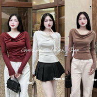Áo thun dáng ôm cổ thuyền đổ, Áo kiểu tôn dáng cổ đổ dài tay AT7637 - NhiNhi Shop