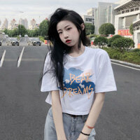 Áo thun dáng rộng màu trắng / Áo thun ngắn tay cạp cao phiên bản Hàn Quốc