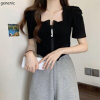 Áo thun dây kéo đôi GENENIC Cổ vuông thoải mái cho nữ