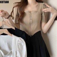 Áo thun dây kéo đôi XUTIAN, Áo thun ngắn tay cổ vuông Slim Fit, Áo thun Crop ngắn dáng rộng thoải mái dành cho nữ