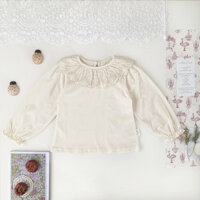 Áo thun dệt kim cổ bẻ thêu cho bé gái mùa xuân, cổ xếp nếp, áo thun dài tay cơ bản NWCF