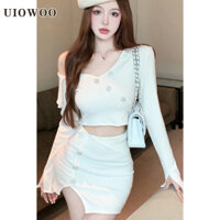 Áo thun dệt kim dài tay hở vai UIOWOO chân váy xẻ tà cạp cao cho nữ