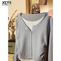 Áo thun dệt kim dài tay khâu màu xanh dành cho nữ Nhỏ vừa vặn Slim Fit Slimming Top