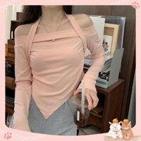 Áo thun dệt kim kiểu nữ trễ vai croptop ôm body tay dài phong cách Hàn Quốc xinh
