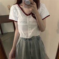 Áo thun dệt kim mỏng cổ chữ v thời trang nữ