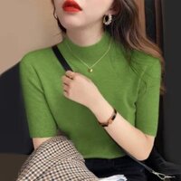 Áo thun dệt kim nữ cổ cao ôm thun ngắn tay