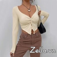 Áo thun dệt kim nữ cổ chữ V xoắn màu trơn