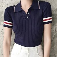 Áo Thun Dệt Kim Nữ Cổ Chữ V Màu Tương Phản