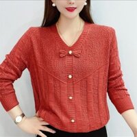 Áo thun dệt kim nữ dài tay Áo thun cổ chữ V thời trang phong cách Hàn Quốc Áo thun thanh lịch